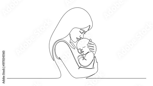 Tender moment of mother and child. Continuous line style. Hand drawn. Line art. Vector design. illustration