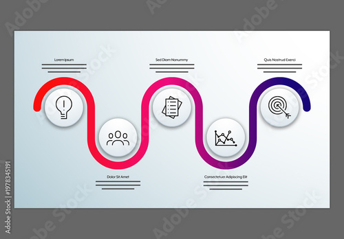 Editable Modern Snake Process Infographic Template with 5 Steps Gradient Timeline and Business Icons.