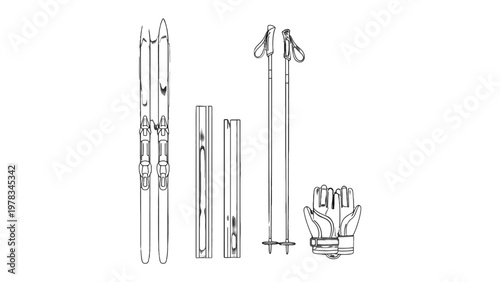 Essential Winter Gear: A set of classic skis, poles, and bindings awaits the thrill of the slopes, representing the essence of winter sport and adventure.