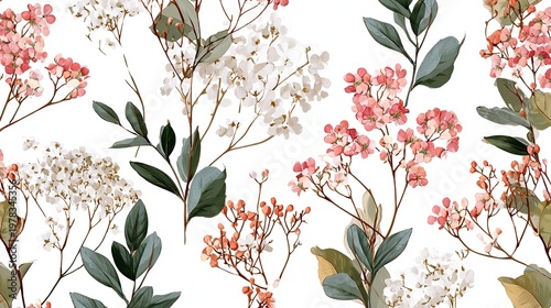 Seamless garden floral pattern featuring pink and white flowers