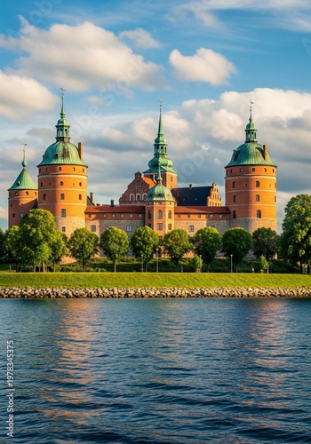 Panoramic view of Kalmar Castle with red brick walls and green copper domes under a blue sky, Sweden