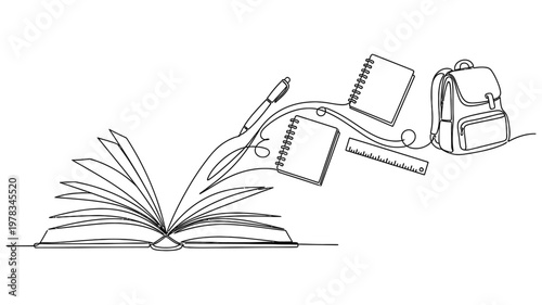 School supplies and an open book. Continuous line style. Hand drawn. Line art. Vector design. illustration