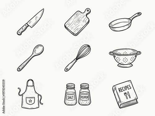 Hand-drawn kitchen utensils icon set: chef knife, cutting board, pan, wooden spoon, and whisk