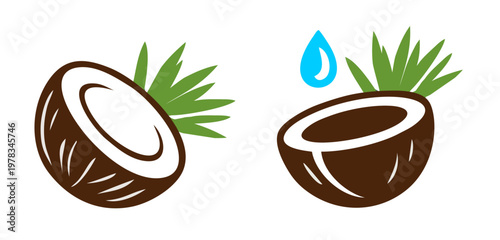 Two Halved Coconuts with Fresh Green Leaves and a Water Droplet