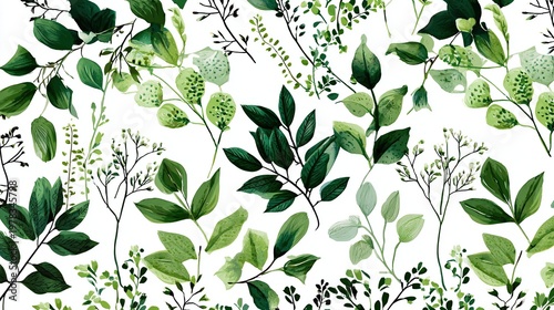 Seamless botanical pattern featuring lush green leaves and delicate foliage