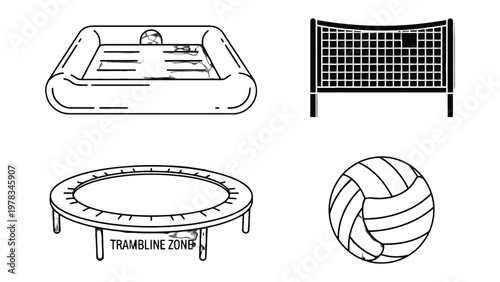 Sporting Elements in Play: Minimalist illustrations of an inflatable pool, volleyball net, trampoline, and volleyball evoke a sense of play, competition.