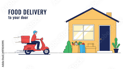 Fast food delivery service worker riding a red scooter to deliver groceries and packages directly to the door of a residential house.