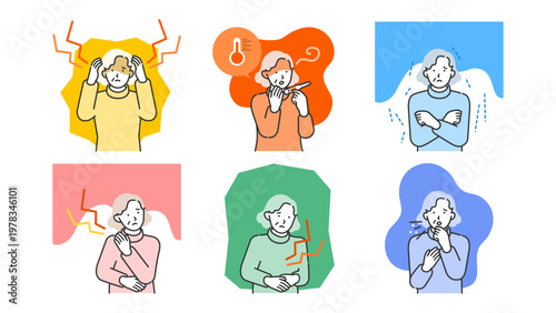 Senior woman experiencing various physical symptoms and illness set for healthcare visualization and clinical diagnostic explanation including fever stomachache.