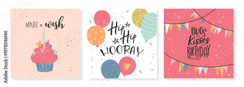 Set of lovely hand drawn birthday cards with balloons and decoration, universal artistic templates