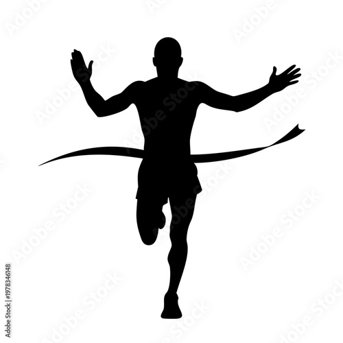 Marathon Runner Winner Silhouette - Athlete Crossing Finish Line Ribbon Vector Icon Isolated on White
