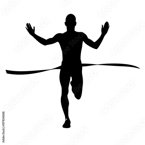Marathon Runner Winner Silhouette - Athlete Crossing Finish Line Ribbon Vector Icon Isolated on White