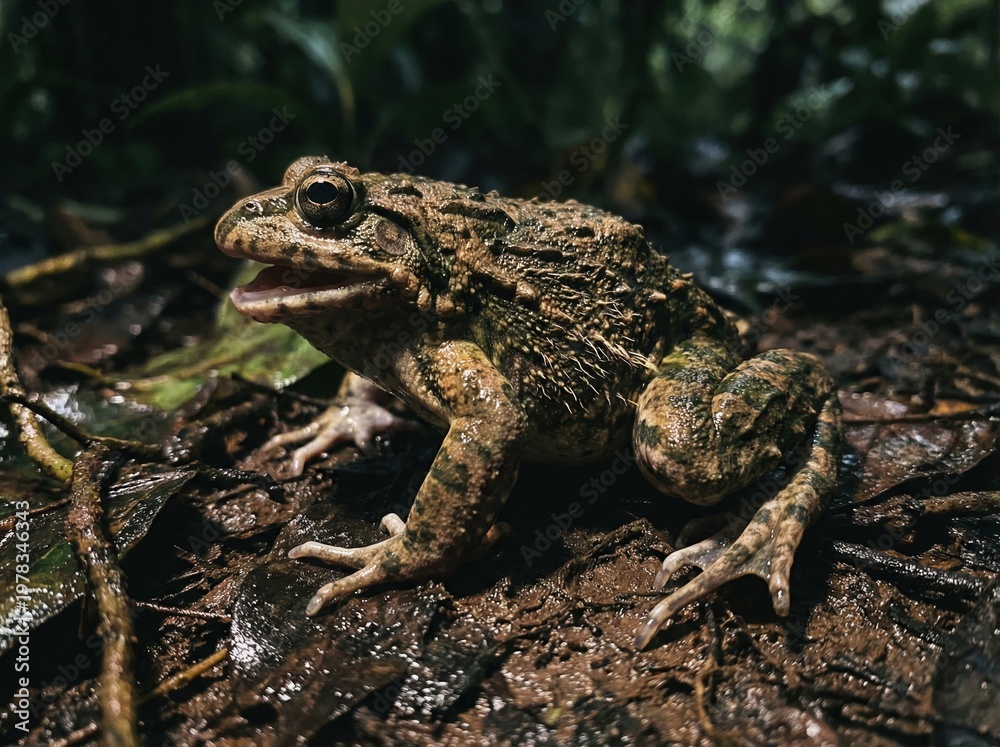 Fototapeta premium Hairy frog in rainforest habitat amidst leafy ground cover