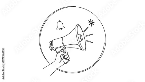 A hand holding a megaphone with a notification bell and starburst. Continuous line style. Hand drawn. Line art. Vector design. illustration