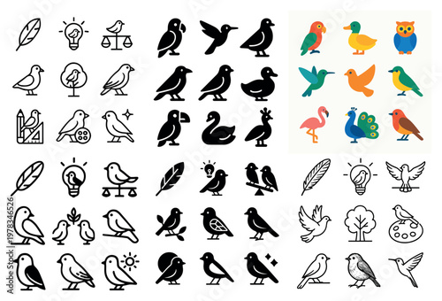 Bird icons with feather dove robin minimal