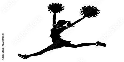 Jumping Cheerleader Silhouette Vector - Happy Girl with Pom Poms Illustration