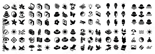 Travel icons with palm sun hat colorful