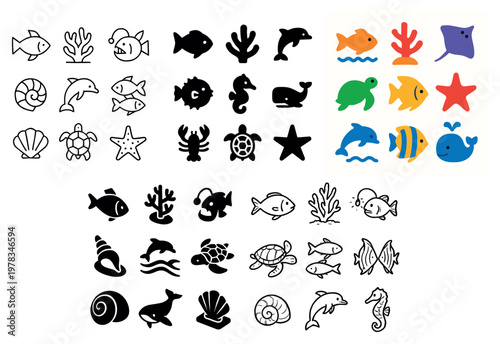 Marine icons with fish coral shell flat