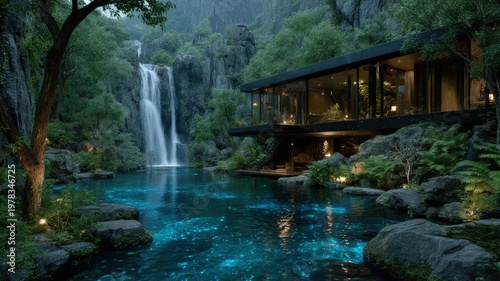 A modern house sits beside a luminous blue lake and waterfall in a lush, green jungle landscape
