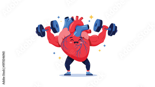 Healthy and strong human heart character lifting heavy dumbbells to represent cardiovascular fitness, exercise, and active lifestyle benefits.