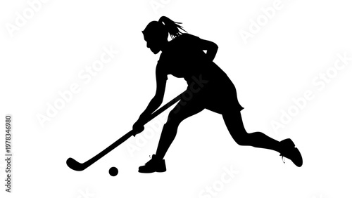 Female Field Hockey Player Silhouette Vector - Athlete Running with Stick and Ball Illustration