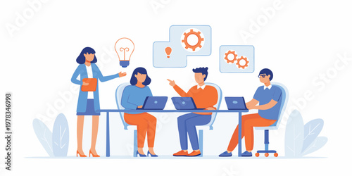 Team brainstorming session with ideas and technology displayed in illustration