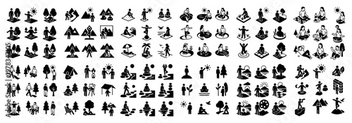 Community icons with people tree mountain outline