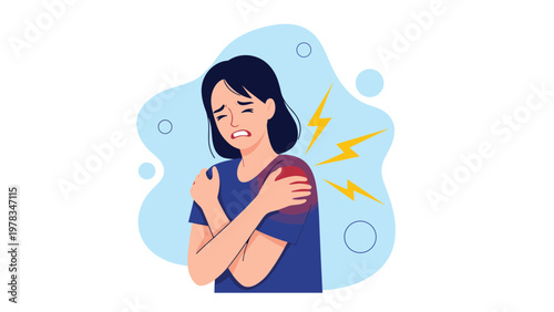 Woman holding her shoulder in pain with yellow lightning bolts to signify acute muscle ache, joint injury, or chronic health inflammation.