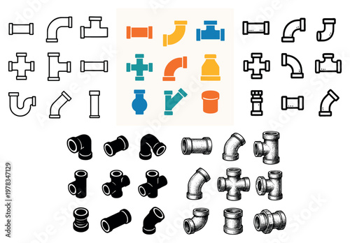 Plumbing icons with pipe elbow valve outline