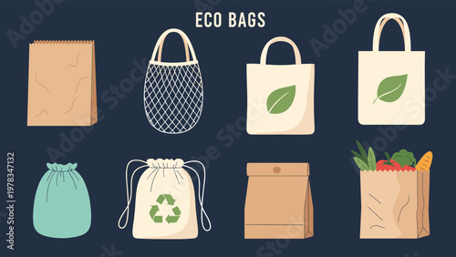 Diverse collection of eco-friendly shopping bags made from paper, cotton, and mesh materials to promote sustainable and zero-waste living.