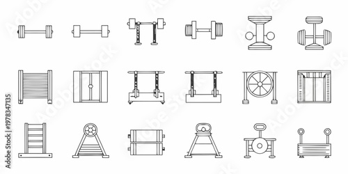 Line art illustration of various gym and fitness equipment layouts