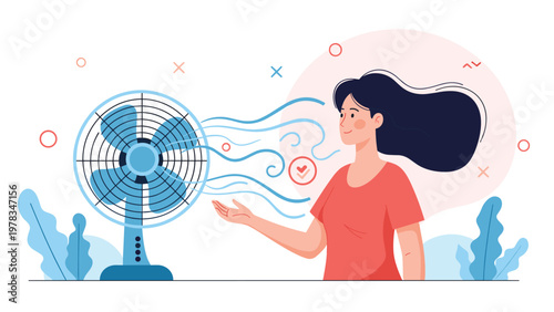 Happy woman enjoys the cool breeze from an electric fan to escape the summer heat and feel comfortable in a hot indoor environment.