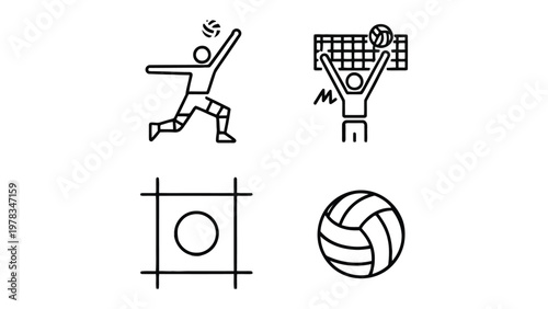 Volleyball Game Elements: Iconic outlines of a volleyball match, depicting a player spiking the ball, an overhead block at the net, a court layout and a ball ready for the next set.