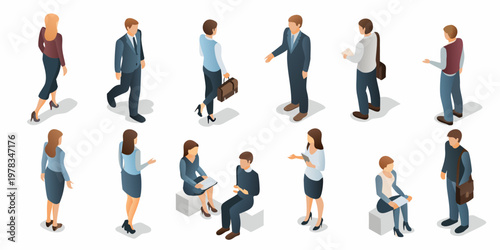 Isometric illustration depicting a diverse group of business professionals