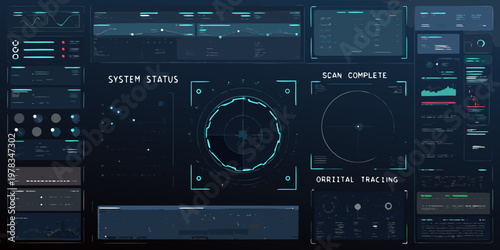 Futuristic system status interface displays data with orbital tracking visuals