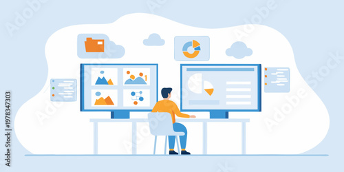 Person analyzing data visualizations on multiple computer screens at a desk