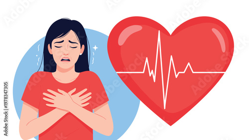 Worried woman holding her chest in pain next to a large heart icon with a pulse line to represent heart attack and chest discomfort.