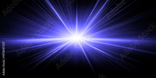 A vibrant blue light burst with glowing rays and energy flashes creates a bright cosmic explosion design featuring a shimmering star flare and motion streaks in deep space