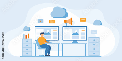 Man using computers connected to a cloud data network