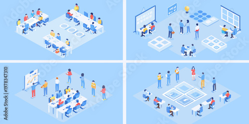 Isometric illustration depicting diverse office scenes with people collaborating
