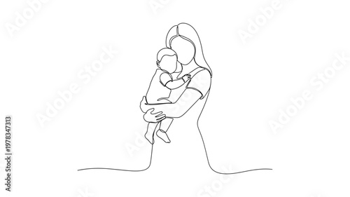 Continuous line drawing of mother holding baby. Continuous line style. Hand drawn. Line art. Vector design. illustration