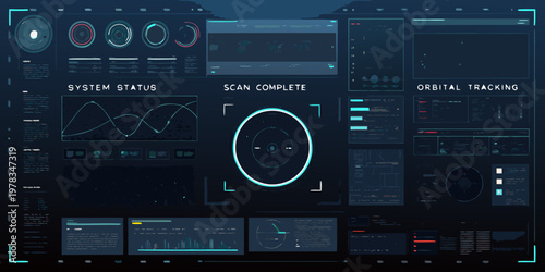 Futuristic interface displaying system status orbital tracking and scan data