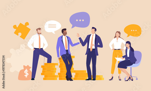 Bankers, clobal finance profesionals, business people and adviserd talking next to golden coins. Growth, investment, saving stratergy concept 