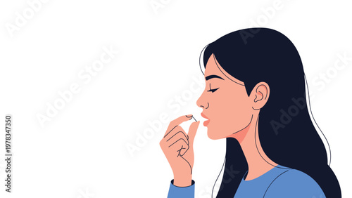 Profile view of a young woman taking a medical pill or vitamin supplement to manage her health and wellbeing in a daily routine.