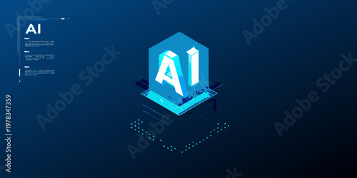 Isometric illustration of artificial intelligence concept with glowing blue elements
