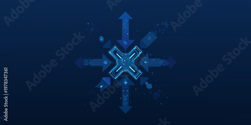 Abstract blue digital network with converging arrows and central x shape