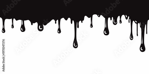 Abstract dripping black paint or liquid against a stark white background
