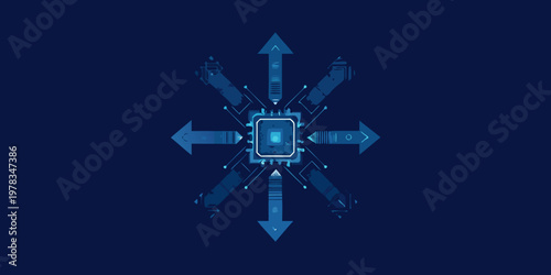 Abstract digital network with a central microchip and radiating arrows