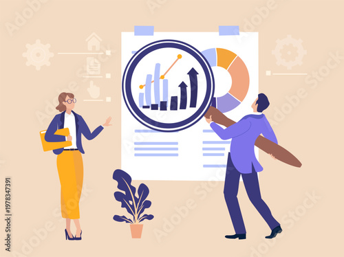 A businessman using a large magnifying glass on a projection screen to reveal information, symbolizing data analysis, investigation, research, attention to detail, and business intelligence in a corpo