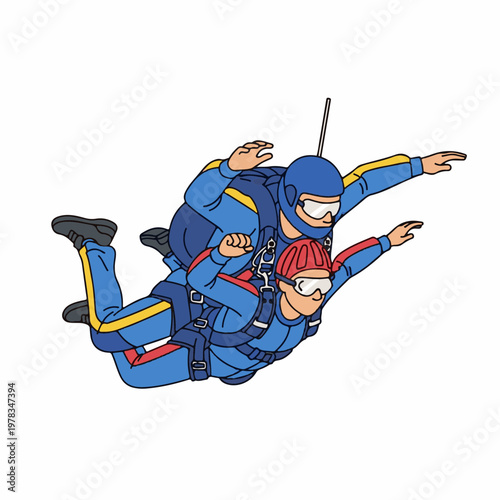 Tandem Skydiving Illustration in Blue Jumpsuits
