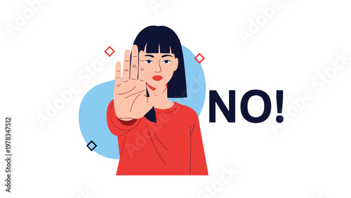 Confident young woman making a stop gesture with her hand next to a large NO text to express refusal, disagreement, or firm boundaries.